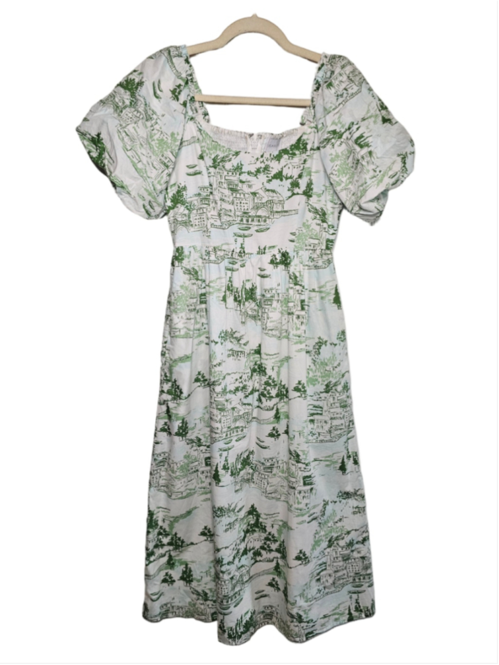 Sugarlips Francine Toile Lullaby Puff Sleeve Midi Dress Green White XS